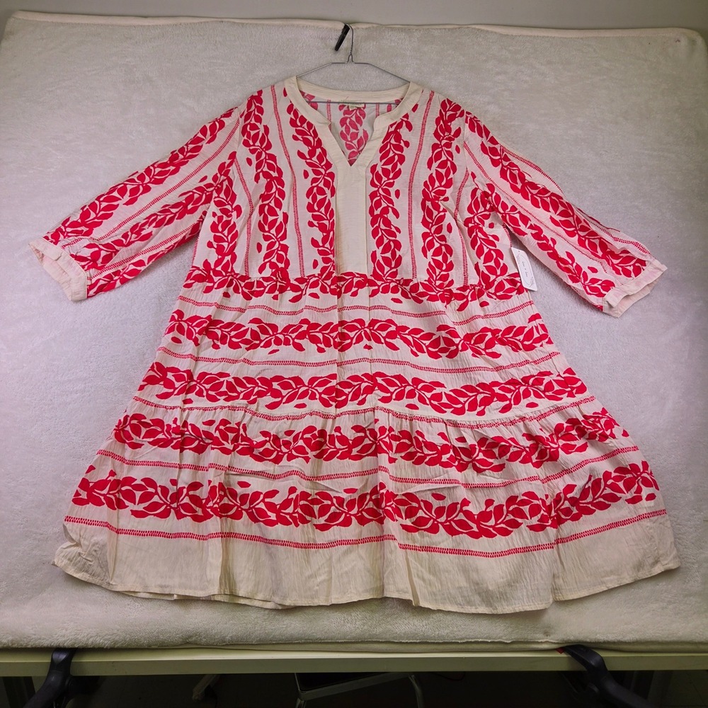 Fig + Flower Red Cream Leaf Print Tiered Tunic Dress 3X Plus Size Boho Tunic